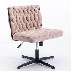 an office chair with a pink upholstered seat and black metal base, on a white background