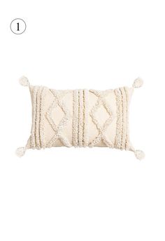 a white pillow with tasselled edges and fringes on the front, sitting on top of a white background