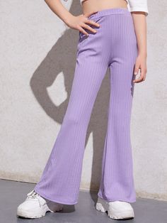 Lilac Purple Dressy Collar  Polyester Plain Flare Leg Embellished Slight Stretch Spring/Summer/Fall Girls Clothing Litle Girls, Tenis Converse, Shein Kids, Ribbed Flares, Flare Yoga Pants, Girls Fall Outfits, Flare Leg Pants, Lilac Purple, Kids Pants