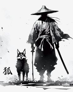 an illustration of a man with a hat holding a stick and standing next to a dog