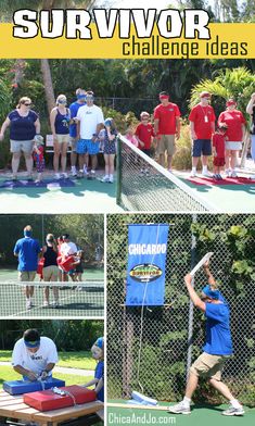 several pictures of people playing tennis on the grass and in the background is a fence with a sign that says survivor challenge ideas