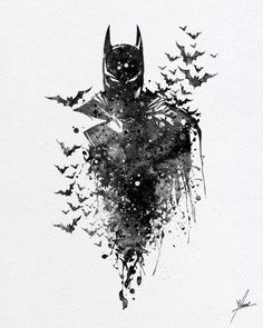 a black and white drawing of a batman with bats on it's back ground