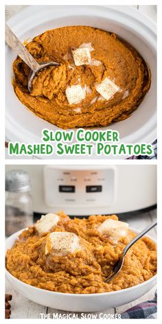 two pictures showing how to make mashed sweet potatoes in the slow cooker