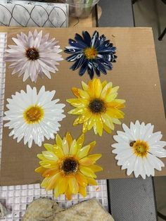 some flowers are sitting on a piece of cardboard