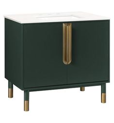 a green cabinet with gold handles and a white sink on the front, against a white background