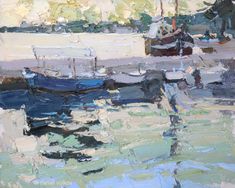 an oil painting of boats in the water