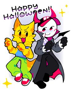 two cartoon characters are standing next to each other with happy halloween written on the back