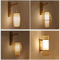 four different views of a light fixture in the shape of a vase, hanging on a wall