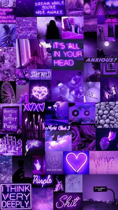 purple collage with words and images on it