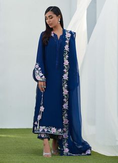 Farah Talib Aziz Han Navy Embroidered Shirt and Dupatta Eid Edition Navy Blue Anarkali Dresses, Ootd Indian, Farah Talib Aziz, Desi Wear, Beautiful Pakistani Dresses, Embroidered Pants, Pakistani Dress, Insta Pics, Embroidery Suits Design