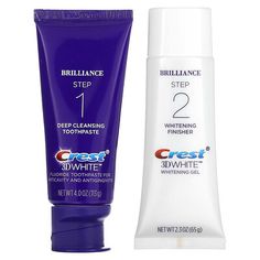 BrillianceWhitening 2-StepFluoride Toothpaste for Anticavity And AntigingivitisWhitening Gel1 Tube 4.0 oz (113 g) & 1 Tube 2.3 oz (65 g)Keeps your smile up to 99% as white as a professional polish*.Step 1: Deep Cleansing ToothpasteMaintain a Dentist Level Clean*** in the comfort of your own home. The deep cleanser uses gentle foaming action to provide you with a deep thorough clean in hard-to-reach areas and leaves you with fresher breath.Step 2: Whitening FinisherThe peroxide gel finishes the b Crest 3d White, Dental Cleaning, White Smile, Whitening Toothpaste, Medical Help, Your Smile, Deep Cleansing, Xanthan Gum, Oral Care