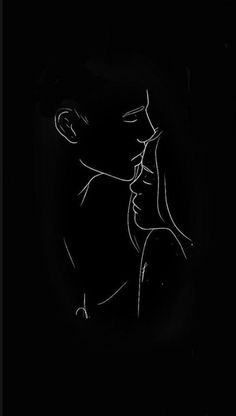 a black and white drawing of a man kissing a woman