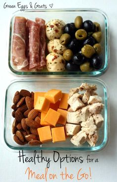 healthy options for a meal on the go with olives, ham, cheese and nuts