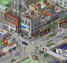 an animated city with lots of buildings and people