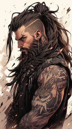 a drawing of a man with long hair and tattoos