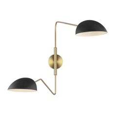 two black and gold wall lights with one light on the left, and one lamp on the right