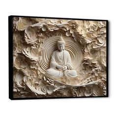 a white buddha statue sitting on top of a wooden panel