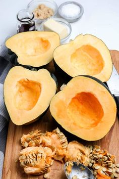 the squash is cut in half and ready to be eaten with other ingredients around it