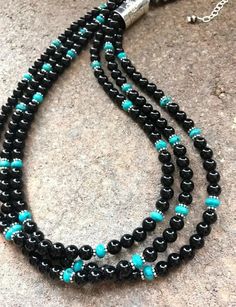 Sterling Silver Multi Strand Black Onyx with Turquoise Bead Necklace. 20 Inch Handmade Black Turquoise Necklace With Round Beads, Adjustable Black Beaded Turquoise Necklace, Elegant Turquoise Jewelry With Black Beads, Southwestern Black Round Bead Necklaces, Handmade Southwestern Black Beads, Southwestern Black Beaded Necklaces For Gifts, Southwestern Style Black Beaded Necklaces As Gift, Southwestern Black Beaded Necklace Gift, Southwestern Style Black Beaded Necklaces For Gifts