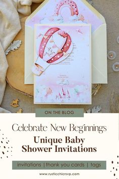 a baby shower card with the words celebrate new beginnings, unique baby shower congratulationss