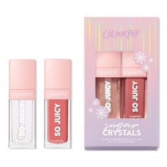 Sugar Crystals So Juicy Plumping Glossy Lip Oil Duo - SGRCRYSTLSSJCYPLMPGGLSYLPLDLPKTIncludesSo Juicy Plumping Glossy Lip Oil in Lychee Jelly (0.29 oz): Crystal clearSo Juicy Plumping Glossy Lip Oil in Hits Diff (0.29 oz): Pinky nudeBenefitsVisibly plumps lips for a fuller-looking poutHydrating plumping formula that feels goodHigh-shine glassy finishPlush, oversized doe foot applicator applies the perfect amount, every timeSheer tintNon-sticky, cushiony feelPeppermint cookie flavorLimited-edition kitKey IngredientsCeramides & peptides visibly plump lips and smooth the look of lip linesGinger gives lips a feel-good plumping effectStrawberry & raspberry oils moisturize lipsPeppermint delivers a cool tingling sensation - Sugar Crystals So Juicy Plumping Glossy Lip Oil Duo Brr Basket, Lychee Jelly, Jelly Crystals, Holiday Lip, Plump Lips, Beeswax Lip Balm, Natural Lip Colors, Peppermint Cookies, Raspberry Seed Oil