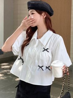 Striped Collar Puff Sleeve Bow Ruched Women's Shirt White Cute  Short Sleeve Woven Fabric Plain Shirt Non-Stretch Summer Women Clothing, size features are:Bust: ,Length: ,Sleeve Length: Fashion Top Outfits, Plain Shirt, Plain Shirts, Shirt White, Cute Fashion, Colorful Leggings, Women's Shirt, All Fashion, Fashion Inspo Outfits