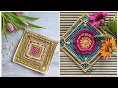 crocheted square designs with flowers and leaves on the left, in different colors