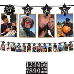 an advertisement for a couple's birthday party with photos hanging on a line and arrows pointing in different directions