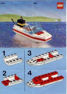 the instructions for a lego speed boat are shown in red and white, with two smaller boats