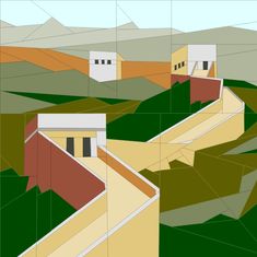 an abstract painting of houses in the mountains