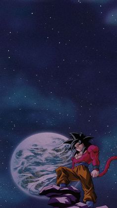 an anime character standing on top of a rock in front of the moon and stars