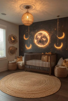 a baby's room with moon and stars on the wall, lights in the ceiling