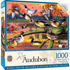 a puzzle box with ducks on the water and trees in the background, including one bird