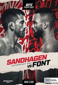 two men face each other in front of a torn paper background with the words sandhagen