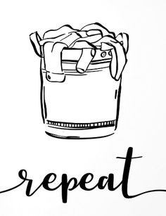 a black and white drawing of a mug with the word repeat written in cursive writing