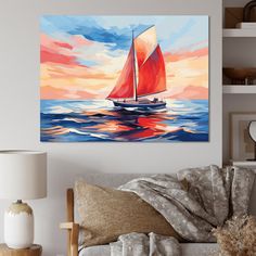 a painting of a sailboat in the ocean at sunset with clouds and water behind it