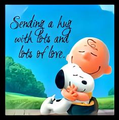 a cartoon character hugging a dog with the caption sending a hug with lots and lots of love