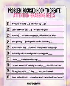 a poster with the words problem focused hook to create attention - grabing reels