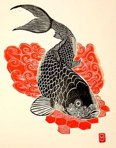 a drawing of a fish on top of a red and white background with swirls