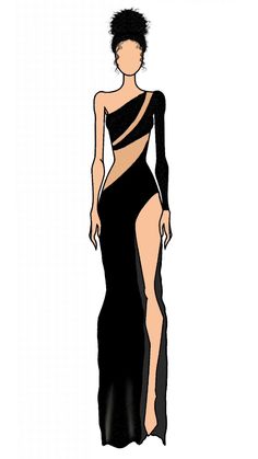 a drawing of a woman in a black dress with cutouts on the sides and one leg