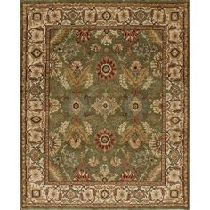 a green rug with red and beige accents