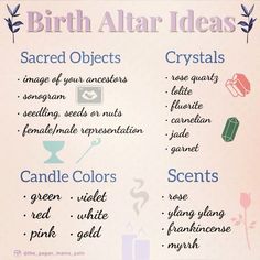 an info sheet with the words birth altar ideas and other things to include in it