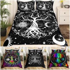 four different styles of black and white bedding with trees, moon and stars on them