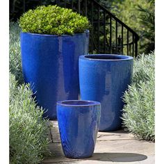 three large blue planters sitting next to each other in front of bushes and stairs