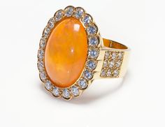 Fire Opal 18K Gold Diamond Ring Diamond Ring Vintage, Opal Diamond Ring, 7 Ring, Genuine Love, Gold Diamond Ring, Gold Diamond Rings, Ring Vintage, Round Brilliant Cut Diamond, Round Brilliant Cut