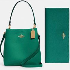 100% Authentic Brand New With Tag Sold Out In All Stores Excellent Gift Includes Gift Bag Nwt Coach Small Town Bucket Bag In Beautiful Bright Jade Color Soft Leather With Pink Interior & Matching Slim Wallet In Jade Color Crossgrain Leather. Brand New In Packaging! [Bag] Color: Gold/Bright Jade Double Face Leather Center Zip Compartment Snap Closure Handle With 6 3/4" Drop Detachable Strap With 22" Drop For Shoulder Or Crossbody Wear 8 1/2" (L) X 8 3/4" (H) X 4" (W) [Wallet] Color: Gold/Bright J Coach Green Wallet For Everyday Use, Green Coach Bag With Removable Pouch, Green Coach Bag With Zipper Closure, Coach Green Shoulder Bag For On-the-go, Coach Green Shoulder Bag With Gold-tone Hardware, Summer Wishlist, Jade Color, Packaging Bag, Crossbody Tote Bag