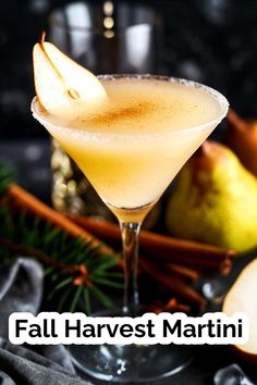 the fall harvest martini is garnished with an apple