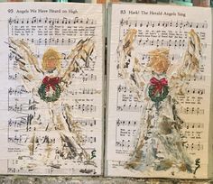 two pieces of paper with angel images on them and sheet music notes in the background