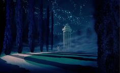 an animated image of a tower in the middle of a forest at night with stars above it