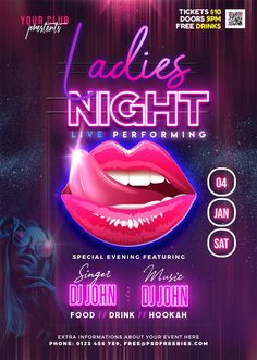 ladies'night flyer with lips and stars on the backgroung, purple background